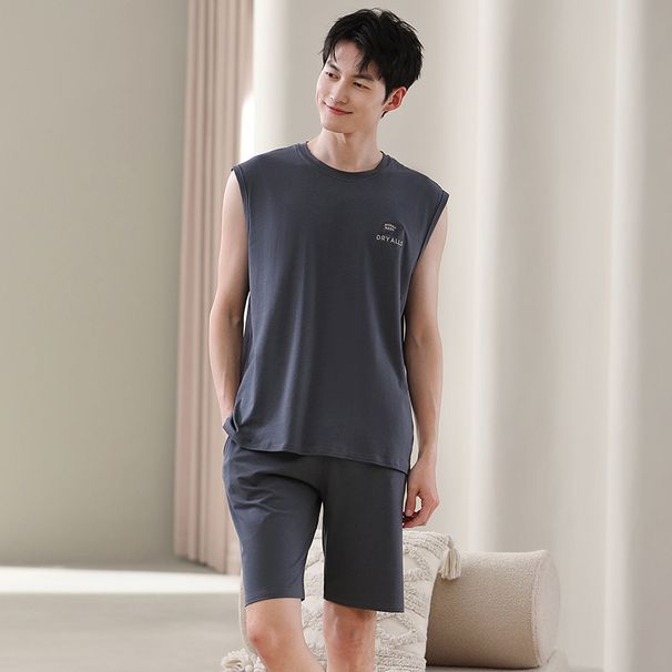 Herren-Set aus Modal-Baumwolle für den Außenbereich, ärmelloses Tanktop für den Sommer, lockeres und bequemes zweiteiliges Heimset-L_voghion.com