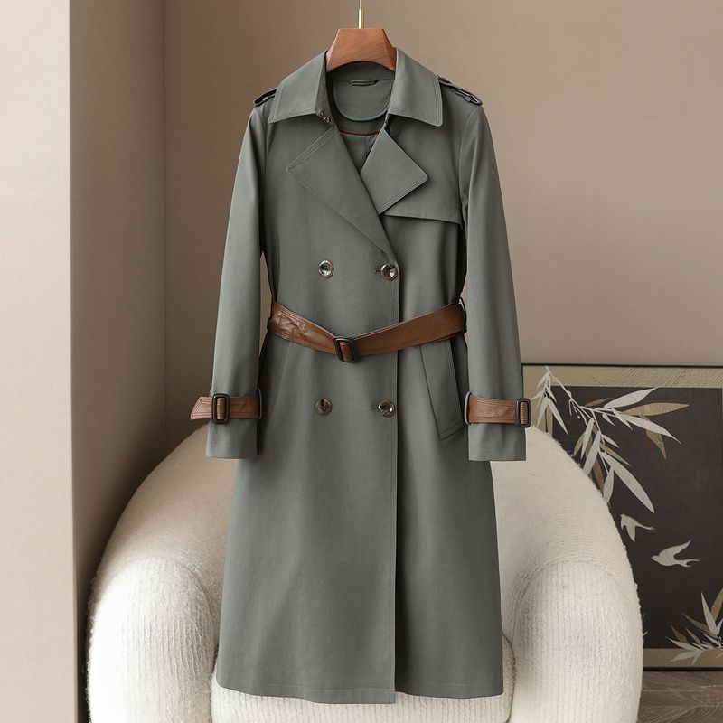 Giacca a vento slim fit da donna - Cappotto lungo doppiopetto con finiture in pelle per primavera e autunno_voghion.com