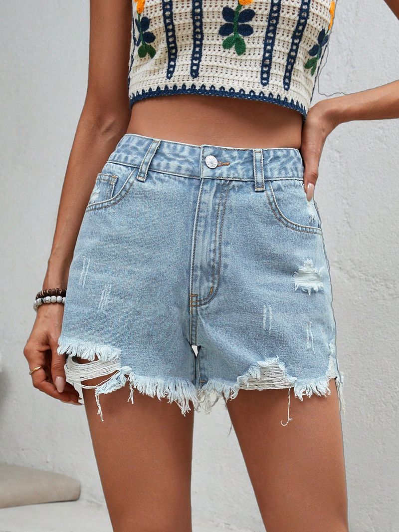 Women's Clothing Ins New Casual High Waist Raw Edge Ripped Denim Shorts_voghion.com