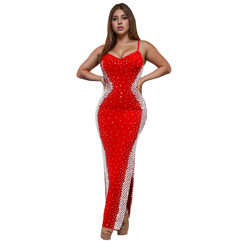 Women's Clothing Fashion Women's Hot Diamond V Neck Dress Long Skirt New_voghion.com