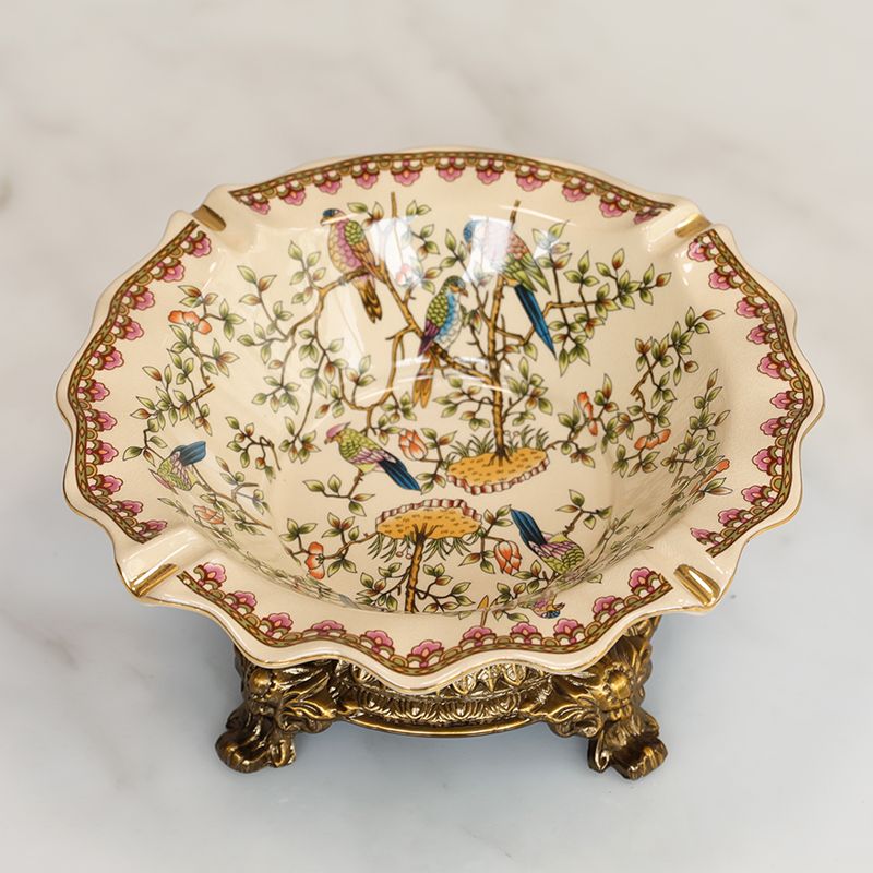 Cinzeiro de cerâmica de liga europeia, bandeja de doces americana, mesa de chá, pequena fruteira, nova decoração chinesa de flores e pássaros_voghion.com