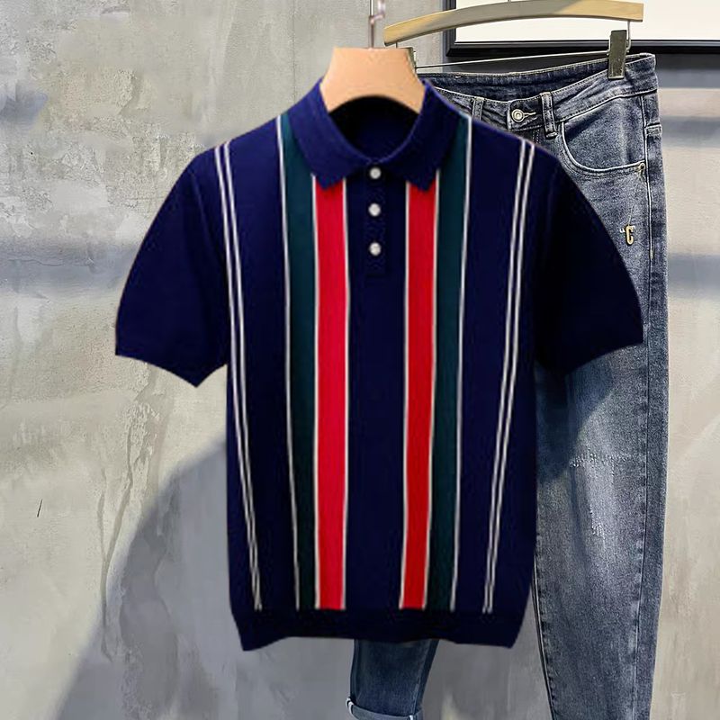 Men's Clothing Casual personality color matching vertical striped polo shirt men summer short sleeve fashion retro slim collar T shirt men tops_voghion.com