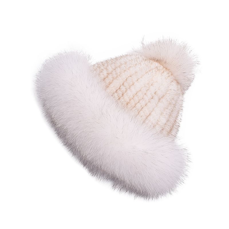 Women's Hats Winter New Mink Fur Knitted Fur Hat With Fox Fur Pom Pom Princess Hat With Ear Flaps._voghion.com
