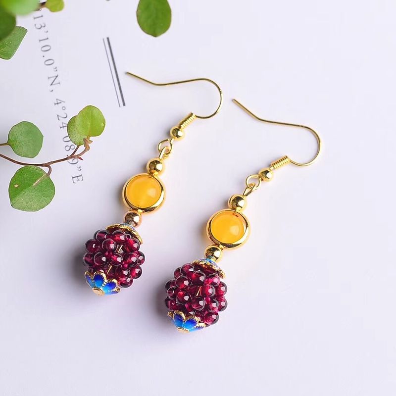 Bracciale con orecchini a sfera ricamati in granato naturale intrecciato, gancio per l'orecchio in argento 14K_voghion.com