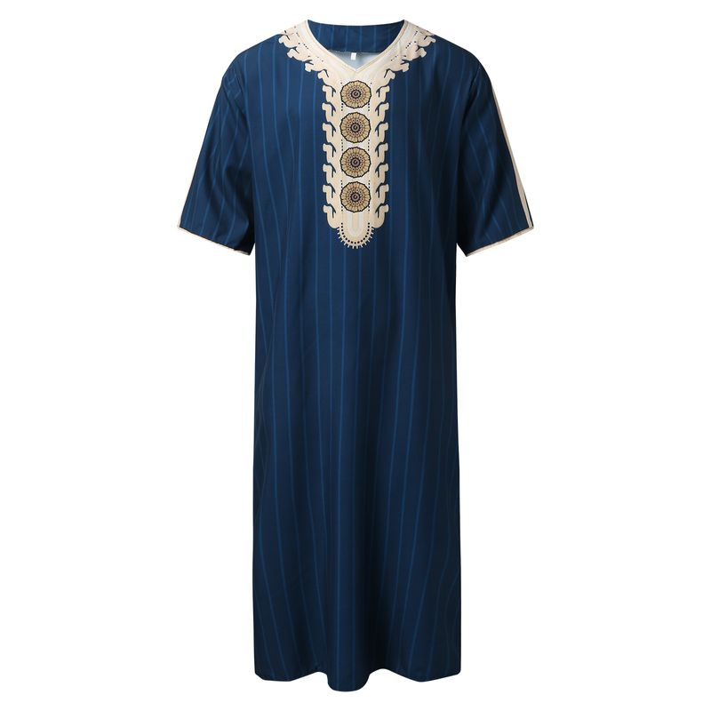 Men's Muslim Robe Arab Ethnic Loose Casual V-neck Sleeve Jumpsuit_voghion.com