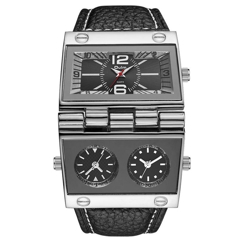 Men's Fashion Watch With Large Rectangle Dial, Multi-Time Zone Function, Quartz Movement, Genuine Leather Strap, Water Resistant To 35M_voghion.com