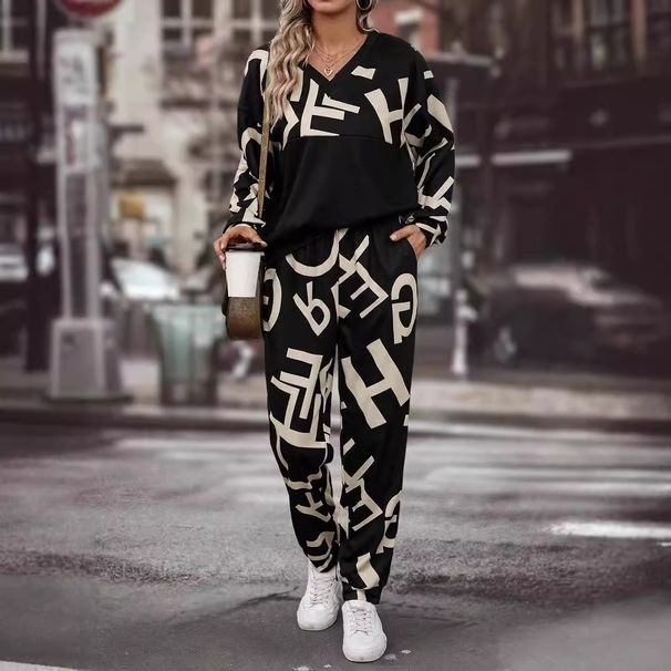 Women's Clothing Autumn And Winter Letter v Neck Long Sleeved Trousers Two Piece Suit_voghion.com