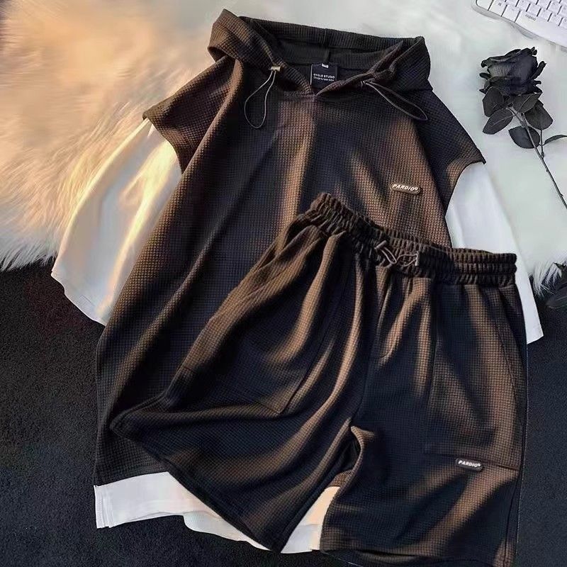 Men's Oversized Summer Waffle Knit Short Sleeve Hoodie & Shorts Set - Breathable Comfort Fit For Plus Size Casual Wear (Black, Grey, M-8XL)_voghion.com