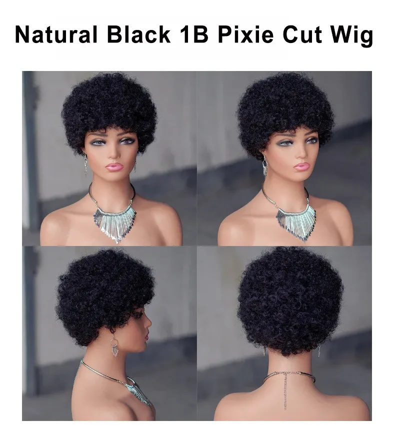 Pixie Kurze Afro Curly Bob Echthaarperücken mit Pony für Frauen Indisches Remy-Haar Natürlich Braun Verworrene Lockenperücken_voghion.com