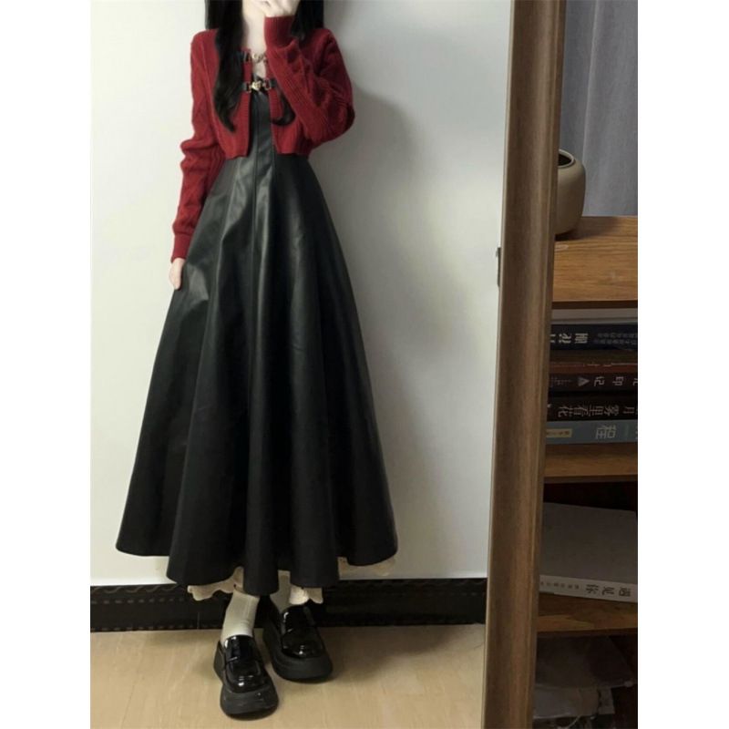 Ensemble deux pièces de 3 pouces de style Lotus [Heart Whisper Star], robe pull rouge à bretelles, style petit parfum de printemps_voghion.com