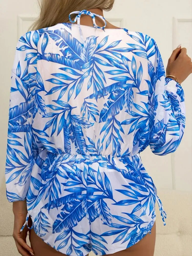 Maillot de bain une pièce à manches longues en maille avec ceinture et imprimé taille haute et cordon de serrage pour femme_voghion.com