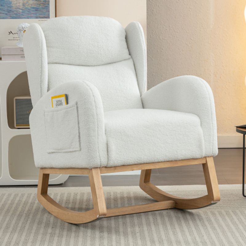 049 Moderner Schaukelstuhl Mit Teddy-Stoffbezug, Ohrensessel, Gepolsterter Sitz Für Wohnzimmer Und Schlafzimmer, Weiß_voghion.com
