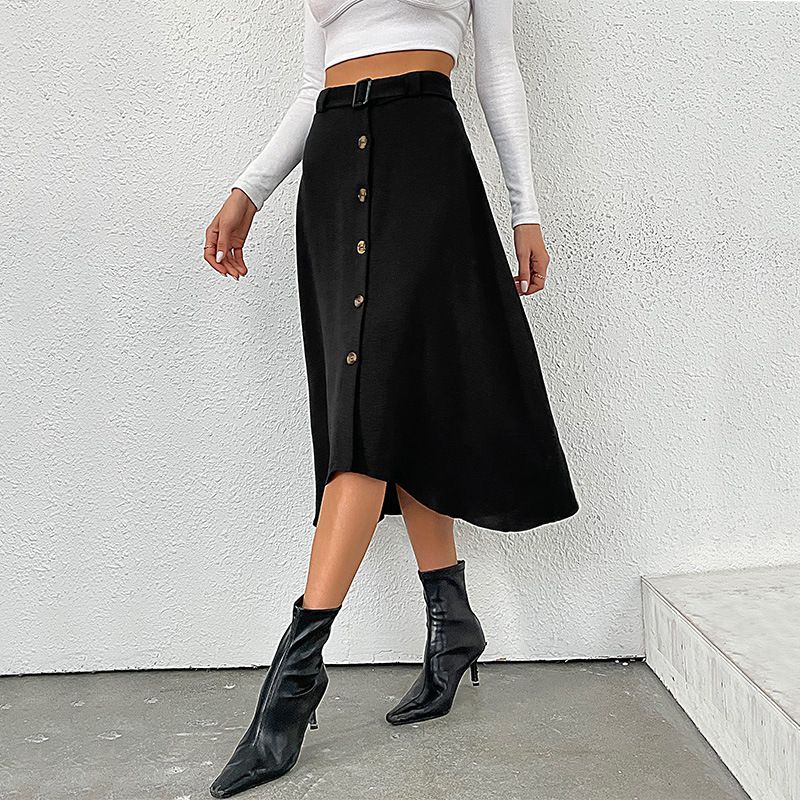 Jupe mi-longue de couleur unie pour femmes, mode_voghion.com