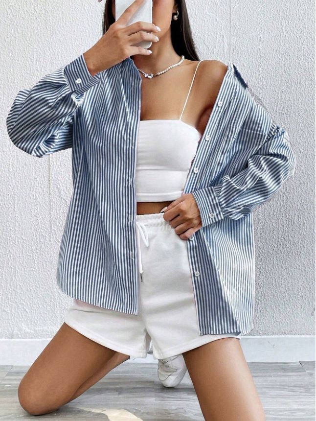 Cardigan a righe da donna, camicia casual ampia a maniche lunghe_voghion.com