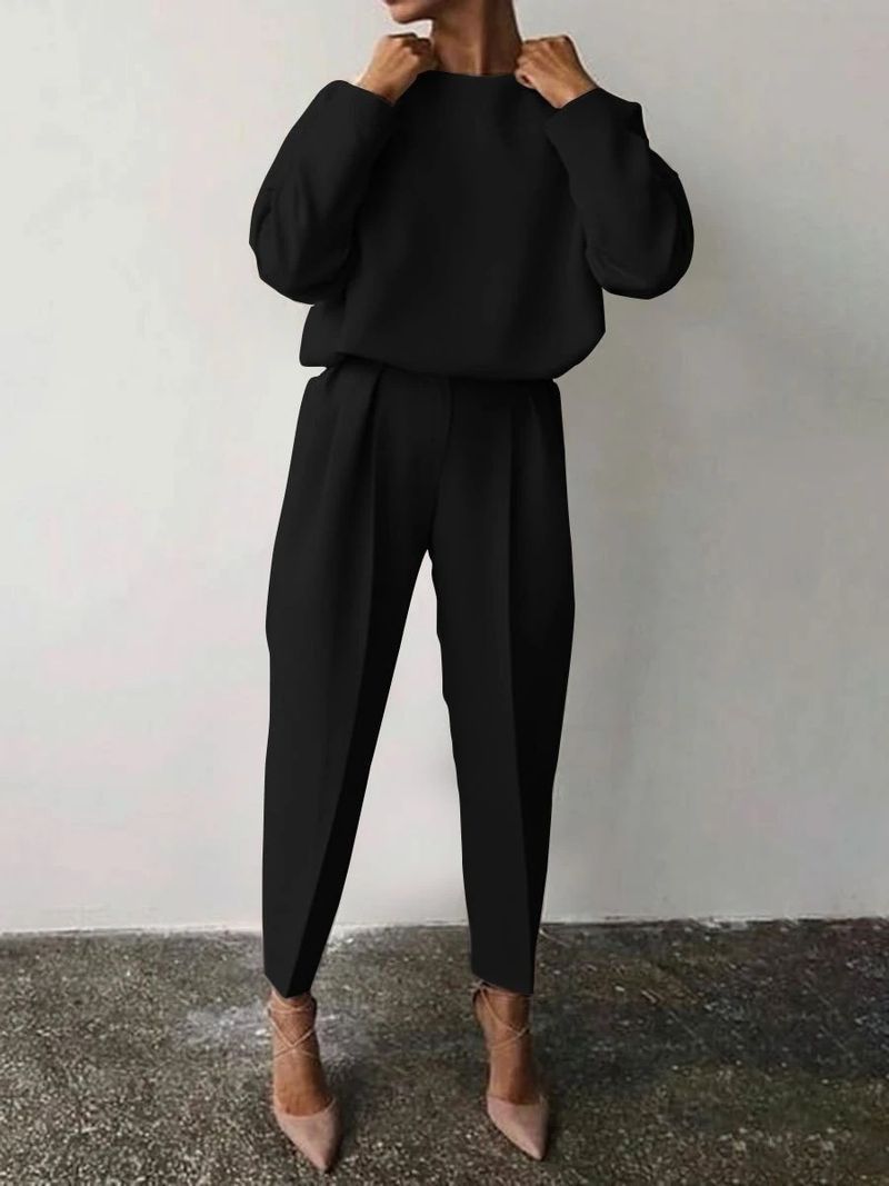 Ensemble deux pièces décontracté à manches longues pour femmes, ample, couleur unie_voghion.com