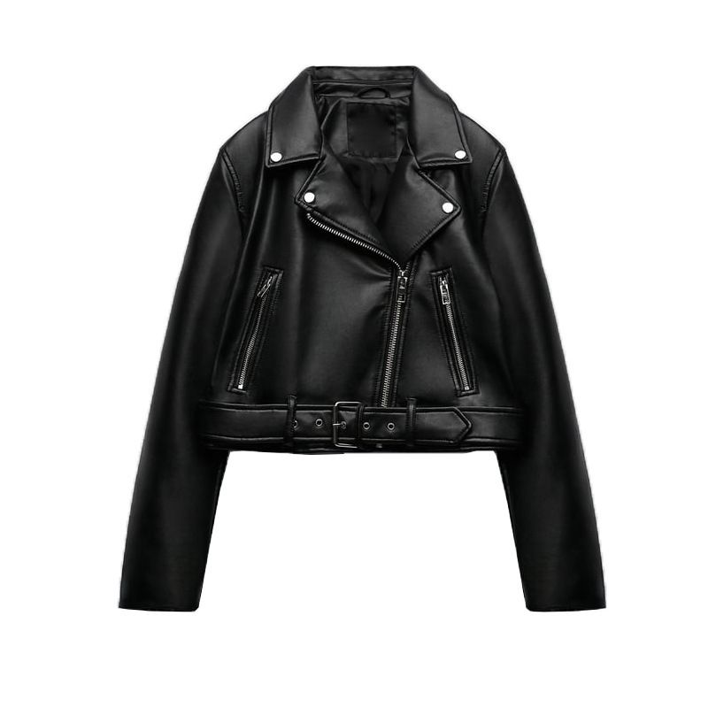 Women's Clothing Spring new women's zipper motorcycle leather jacket with lapel black PU leather jacket_voghion.com