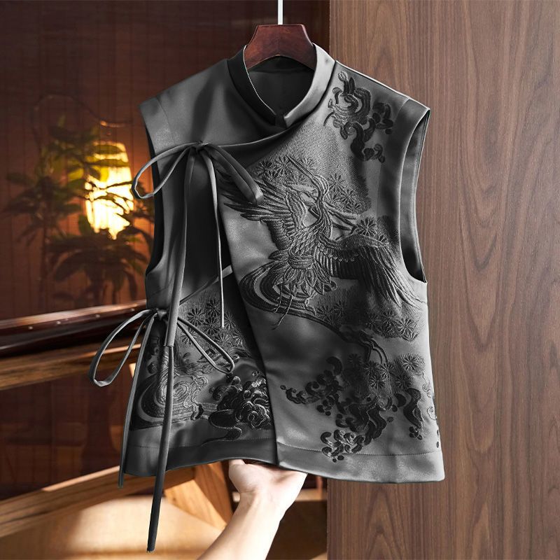 Giacca gilet in stile cinese per donna primavera ed estate nuova moda nazionale retrò industria pesante canotta in stile cinese con ricamo cicogna bianca_voghion.com