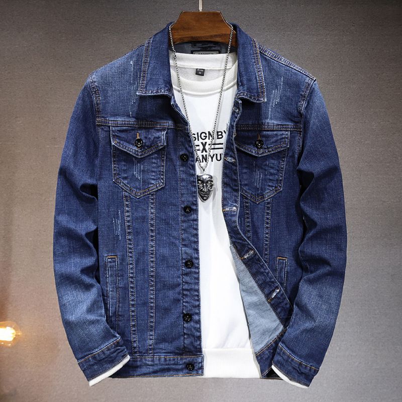 Giacca in denim elasticizzato blu lavato 2024, stile americano, semplice e versatile, nuova primavera_voghion.com