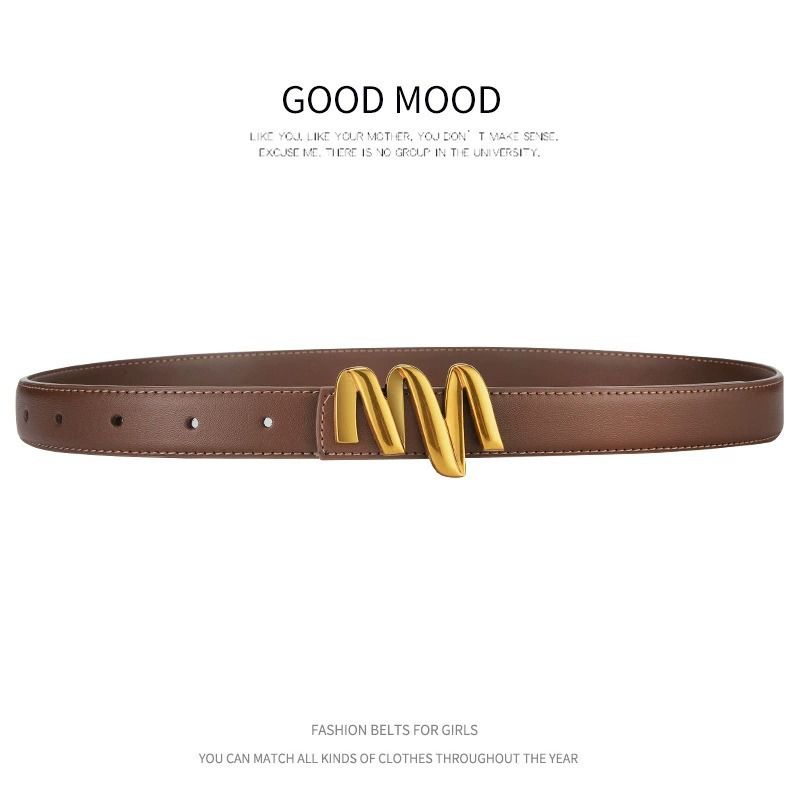 Trendy Damengürtel mit M-Buchstabe, glatte Schnalle, echtes Rindsleder, passend zu lässigen Jeansgürteln für Damen_voghion.com