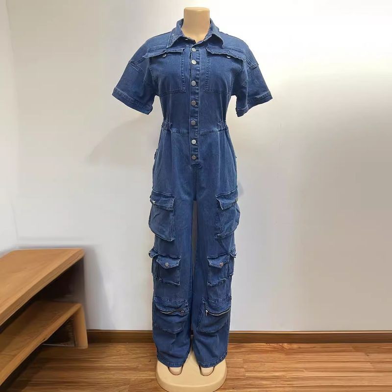 Women's Clothing New Style Washed Overalls Multi Pocket Button Denim Jumpsuit Short Sleeved Trousers_voghion.com