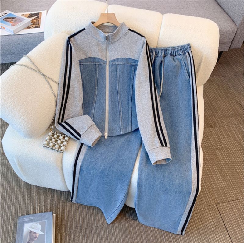Women's Clothing Contrast color zipper two piece top wide leg pants suit large size fat mm sports leisure slim two piece suit_voghion.com