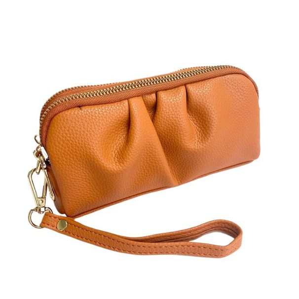 Populär geplitzte Clutch fir Fraen, elegant Handtasche, echt Liedertextur, duebele Reißverschluss, Dammeportemonnaie, héichwäerteg Handytasche_voghion.com