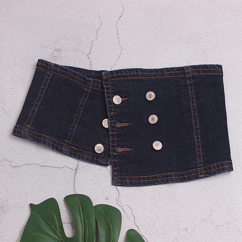 2020 new trendy asymmetrical double-breasted buttoned stretch denim girdle for women with skirt, shirt and jeans_voghion.com