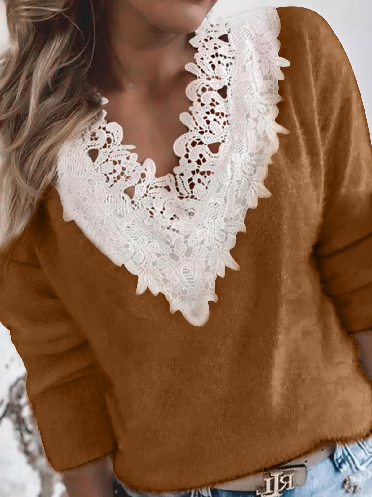 Damenbekleidung Pullover Langarm Spitze V-Ausschnitt Kurz Strickpullover Frühling Herbst Winter_voghion.com