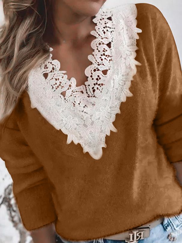 Damenbekleidung Pullover Langarm Spitze V-Ausschnitt Kurz Strickpullover Frühling Herbst Winter_voghion.com