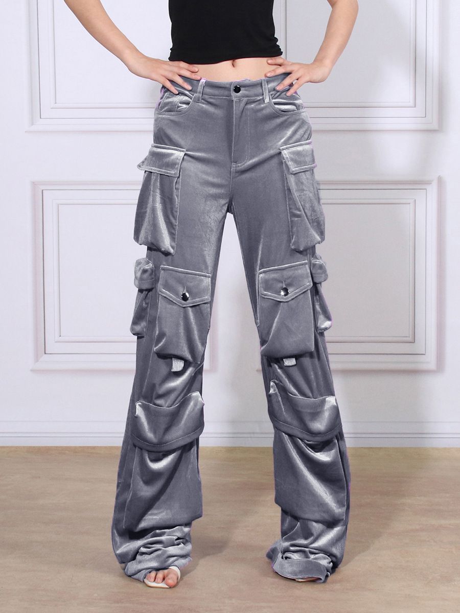 Damen Design héichtailleg Samthosen riichte Overalls Hierscht a Wanter nei Moud Täscheverschlëss Casual Hosen fir Fraen_voghion.com