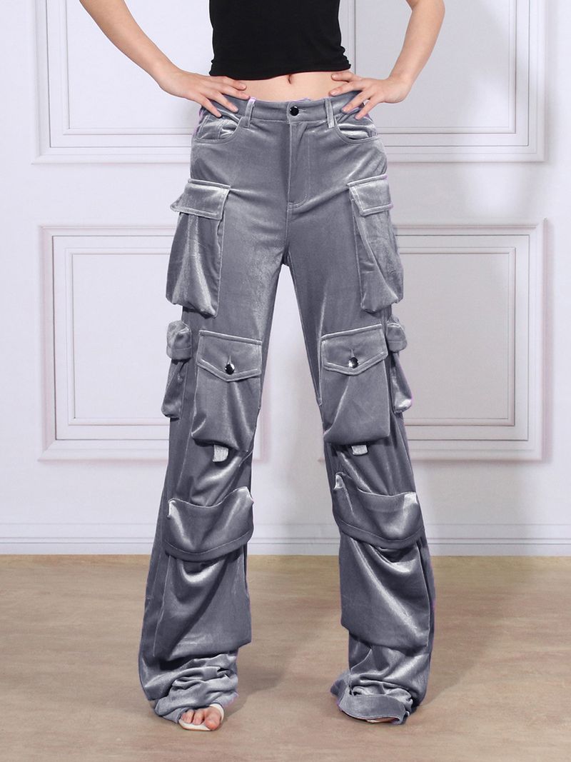 Pantalones de terciopelo de cintura alta diseñados para mujer monos rectos otoño e invierno nuevos pantalones casuales de empalme de bolsillo de moda para mujer_voghion.com