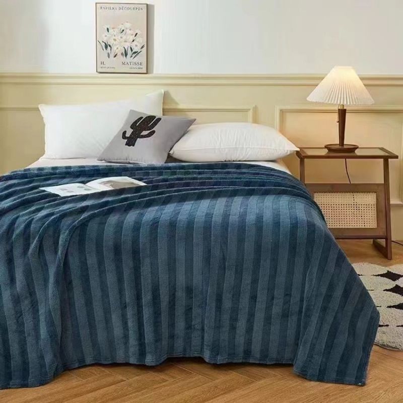 Solid Color Striped Blanket Blanket Thick Double Layer Air Conditioning Blanket Four Seasons Flannel Bed Sheet Blanket_voghion.com