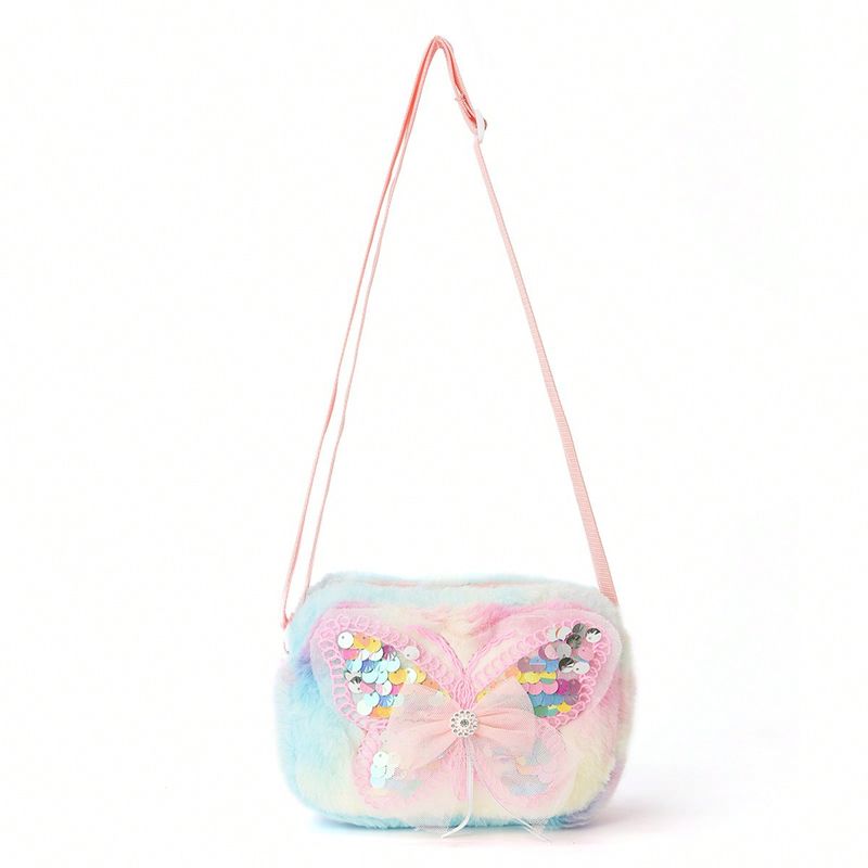 Girls Pink Butterfly Cartoon Print Messenger Bag Kawaii Colorful Plush Outing Small Square Bag Furry_voghion.com