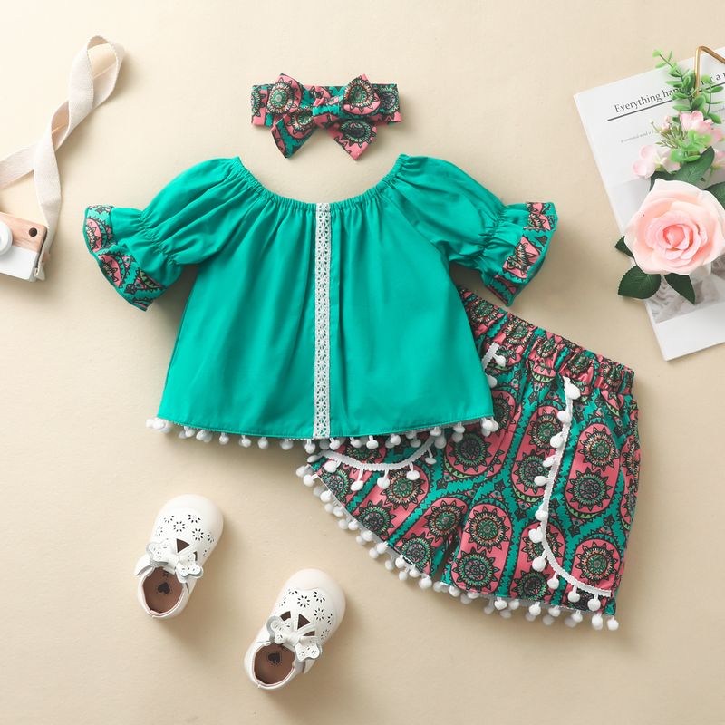 Ropa para bebés, traje Retro bohemio de moda para niña, Top de encaje con manga trompeta, pantalones cortos, conjunto de tres piezas con borlas_voghion.com
