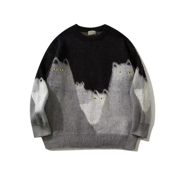 Unisex Cartoon Cat Jacquard Sweater – Trendy Oversized Knit, European Sizing (S-2XL, Black/Bluish)_voghion.com