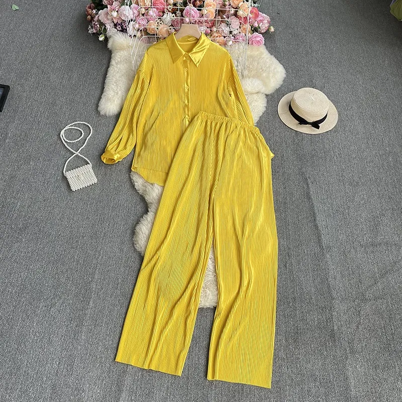 Ensemble deux pièces pour femme, chemise de couleur pure, taille haute, pantalon large vertical_voghion.com