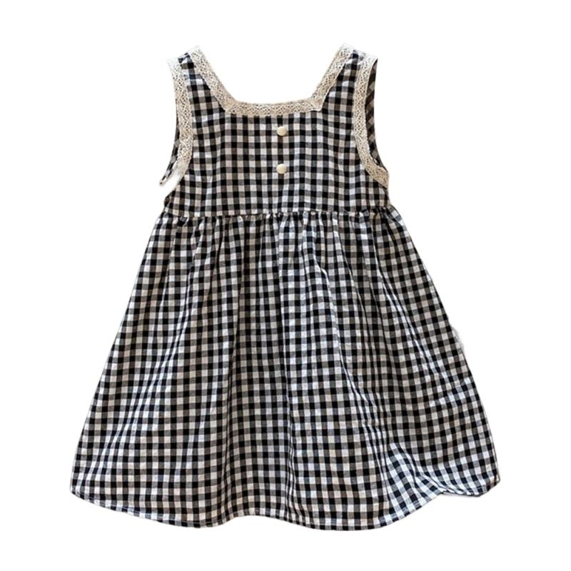 Summer Girls Dress Lace-trimmed Sweet Black And White Checkered Princess Sleeveless Vest Skirt For 1-7Y_voghion.com