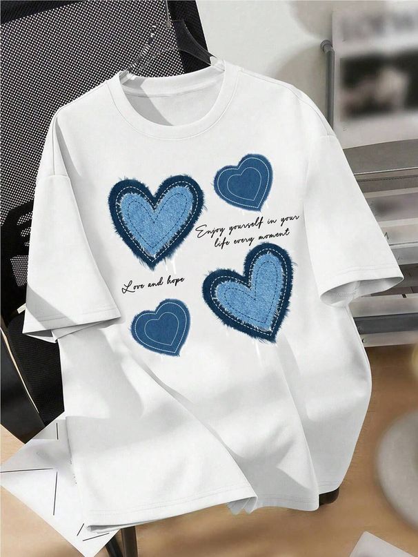 Trendy Summer Women's Short Sleeve T-Shirt With Denim Print & Heart Pattern – Casual Crew Neck Tee For Daily Wear_voghion.com