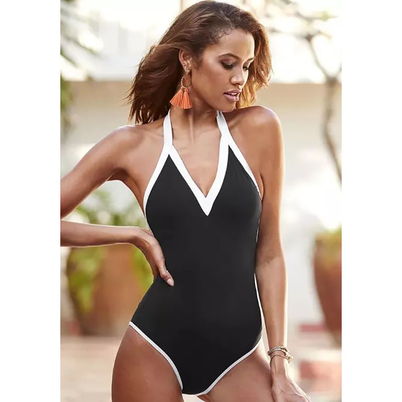Einteiliger Badeanzug, einfarbig, schwarz-weiße Nähte, Bikini-Badeanzug, rückenfreier Badeanzug, Strand_voghion.com