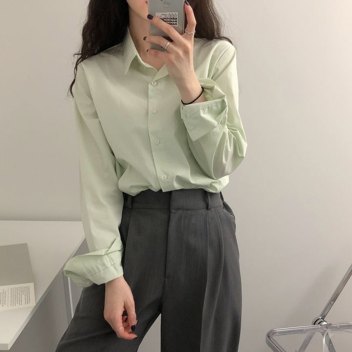 Camicia a maniche lunghe con colletto semplice e tinta unita, modello Macaron, per donna, primavera e autunno 2025_voghion.com