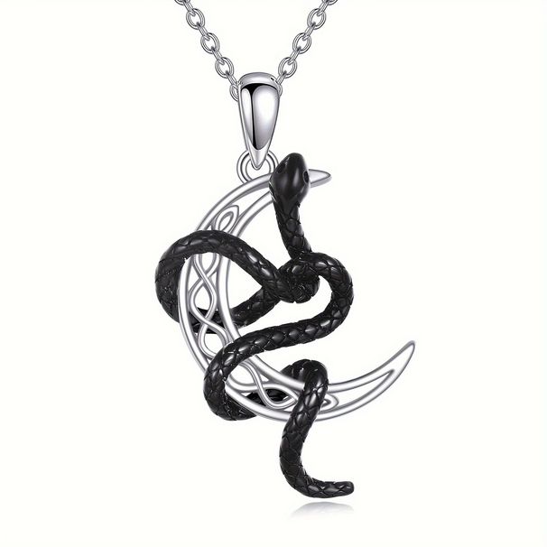 Collana con serpente nero per donna, ciondolo con luna celtica in argento sterling, gioielli da regalo_voghion.com