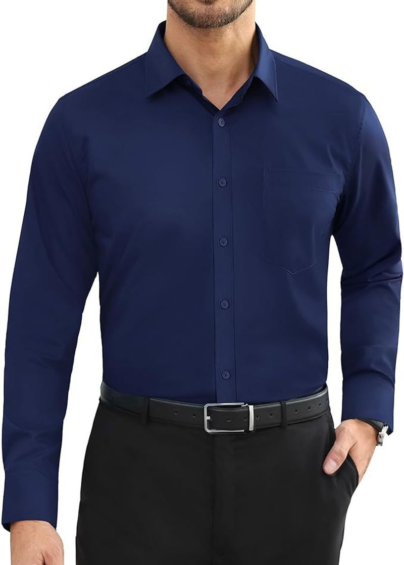 Stretch-Langarmhemd für Herren – knitterfrei und atmungsaktiv, Business Casual Button-Up mit Tasche (38–45)_voghion.com