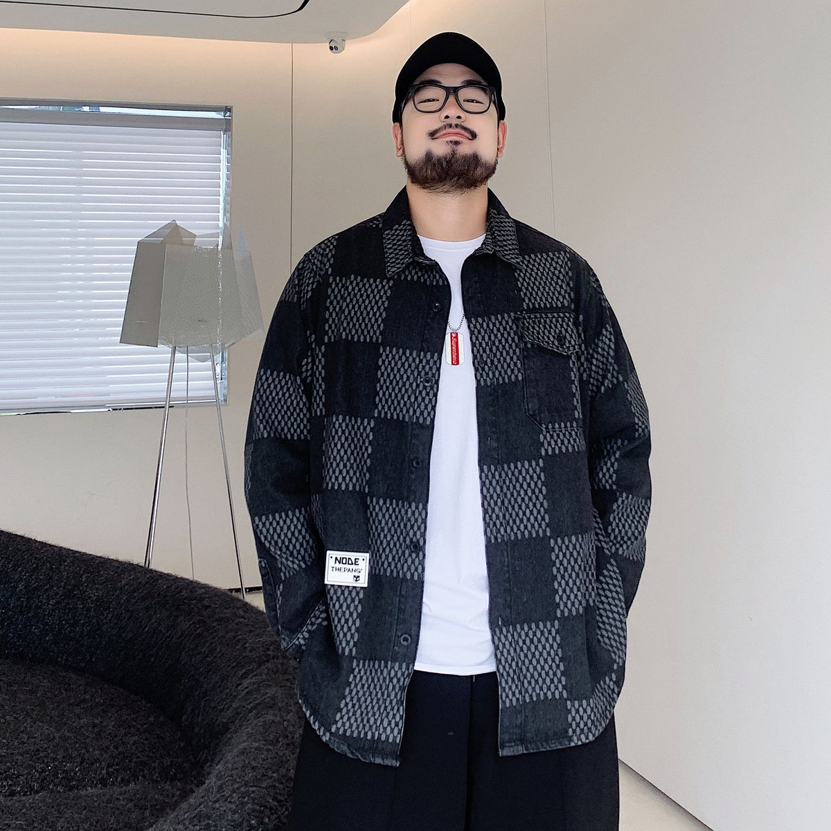 Abbigliamento uomo taglie forti primavera e autunno nuova camicia a maniche lunghe da uomo ampia taglia grande a scacchiera grassa più grassa più sottile giacca di jeans_voghion.com