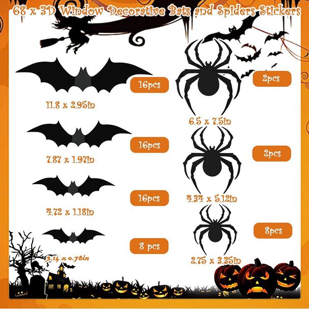 68PCS large Halloween 3D spider and bat wall sticker combination Halloween decoration 3D black bat sticker_voghion.com