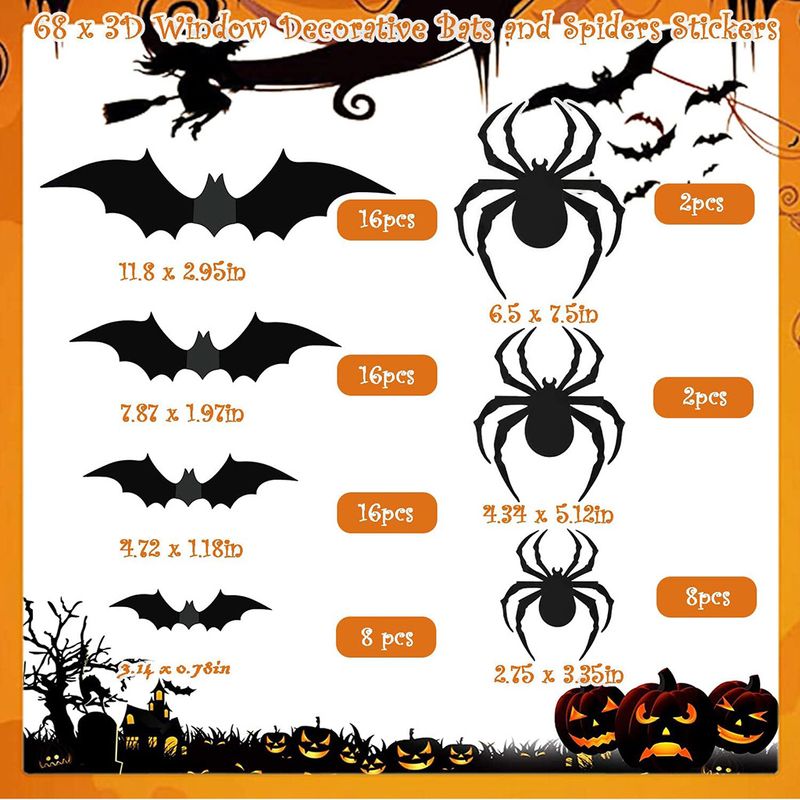 68 STÜCKE große Halloween 3D Spinne und Fledermaus Wandaufkleber Kombination Halloween Dekoration 3D schwarzer Fledermaus Aufkleber_voghion.com
