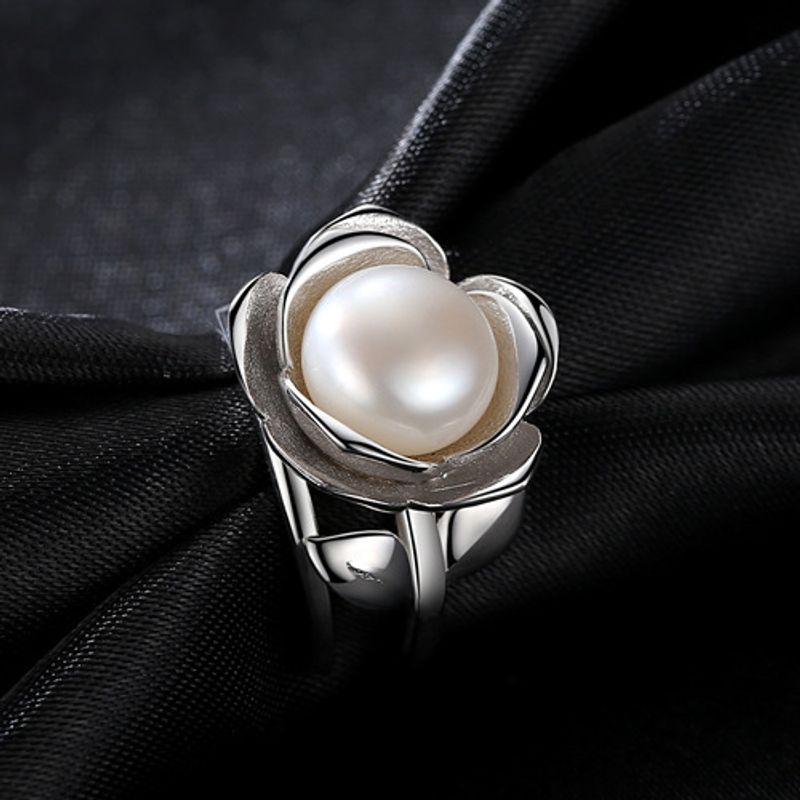 Anello aperto in argento puro da donna, edizione coreana, a forma di fiore, con perle d'acqua dolce adesive, modello PAG&MAG, molto venduto_voghion.com
