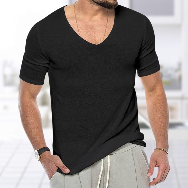 Men's Clothing Thin V Neck Solid Color Sweater Summer Short Sleeved Knitted T Shirt_voghion.com
