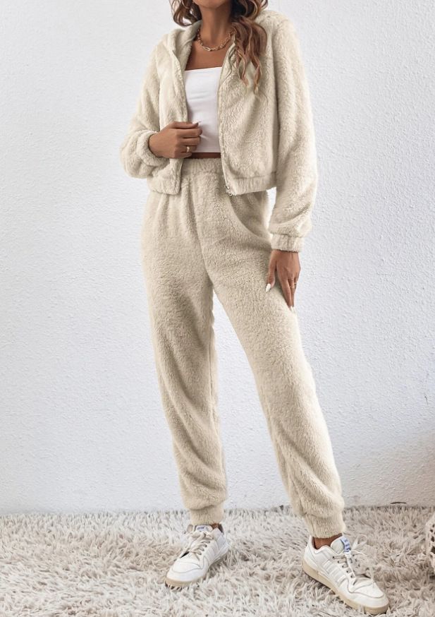 Women's Plush hooded long-sleeved jacket + elastic waistband two-piece set_voghion.com