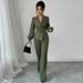 Completo blusa e pantaloni dolce e sofisticato – Completo da ufficio a maniche lunghe verde militare con maniche a lanterna (S-Xxl)_voghion.com