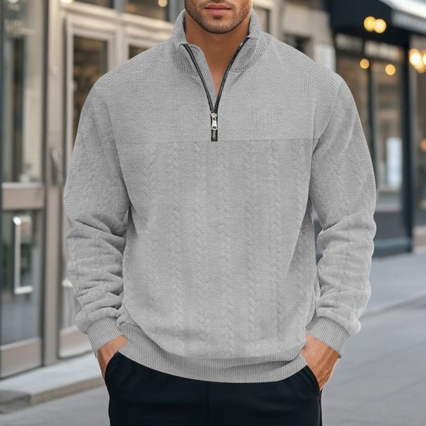 Men's Stand Collar Zip-Up Sweatshirt – Heavyweight Jacquard Pullover (Relaxed Fit, Winter Casual)_voghion.com